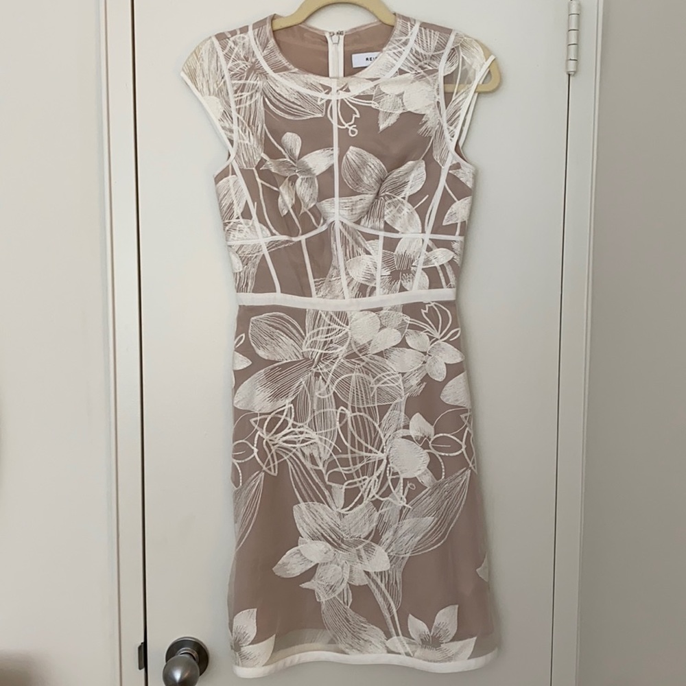 REISS Floral Embroidered Overlay Dress White/Nude